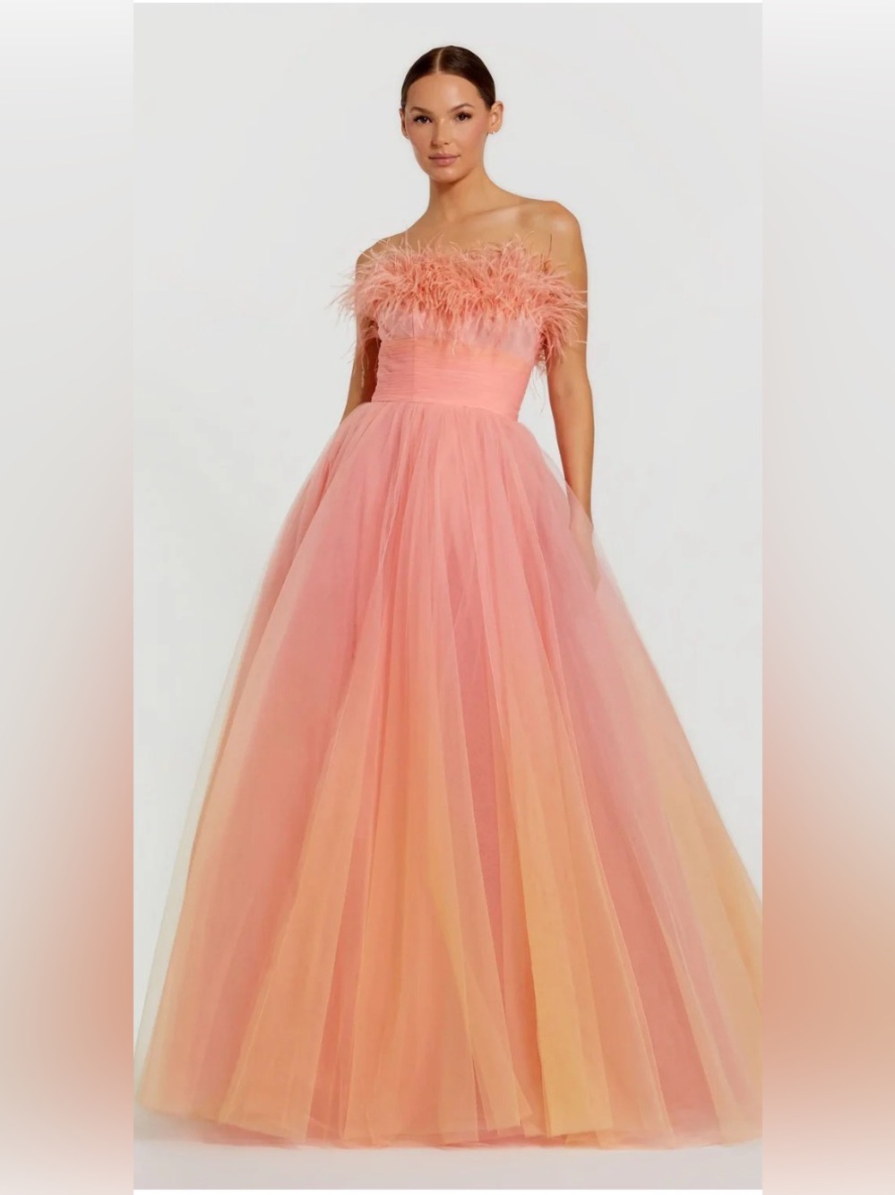 Mac Duggal- #20557 Orange and Pink Ombre Strapless Feather Bodice Tulle Gown- 10